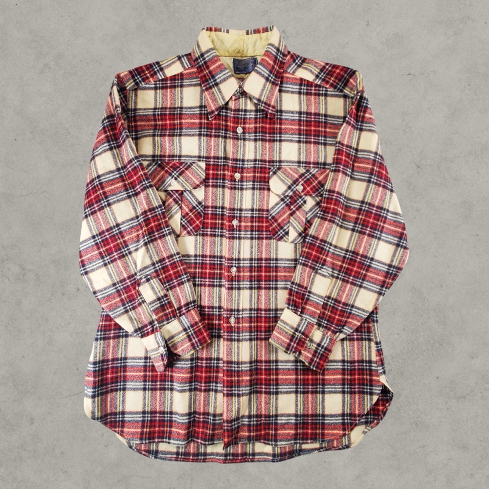 Vintage Pendleton Flannel Shirt Mens XL Red Tan 70s Button Down Plaid  Pure Wool